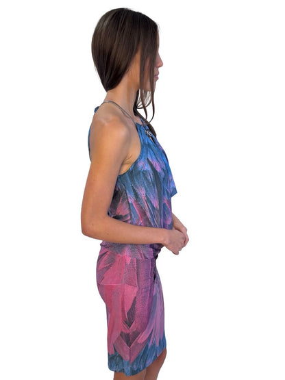 Roberto Cavalli Blue / Pink Feather Print Chain Halter Neck Dress. Size: L