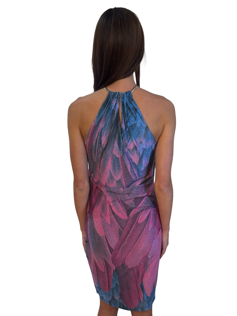 Roberto Cavalli Blue / Pink Feather Print Chain Halter Neck Dress. Size: L