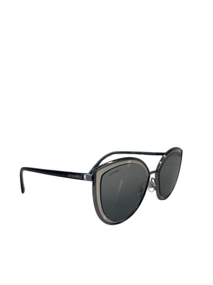 Chanel Silver/Black Metal Cat Eye Sunglasses.