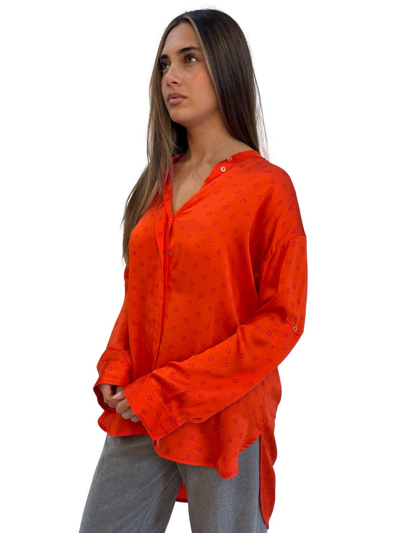 Scanlan Theodore Orange Red Horseshoe Print Silk Shirt. Size: 8