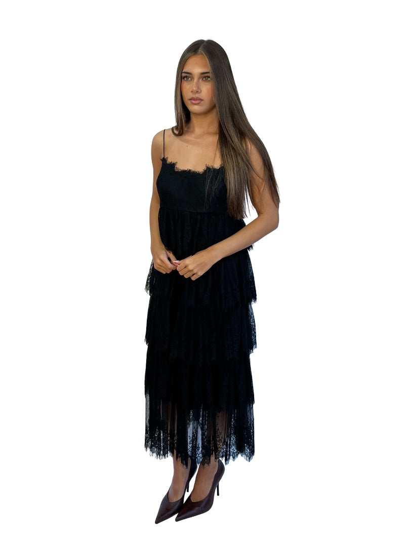 Ramon Filip Black Lace Tiered Dress. Size: S