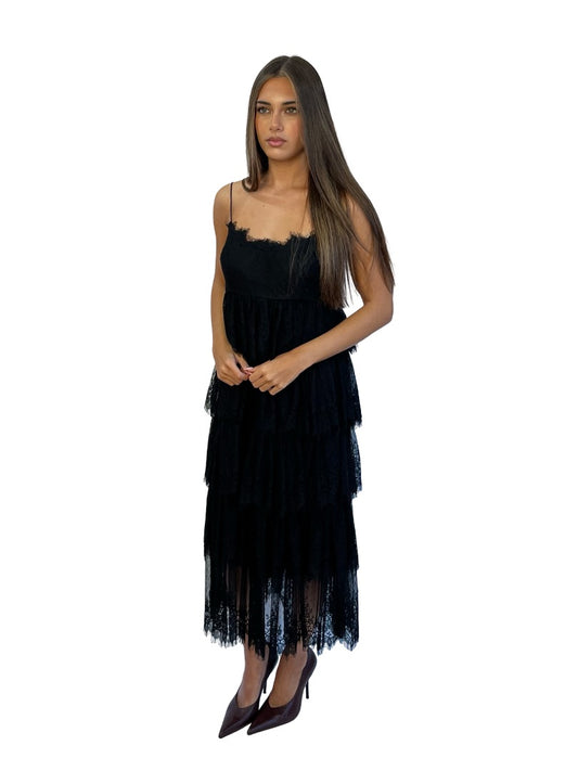 Ramon Filip Black Lace Tiered Dress. Size: S