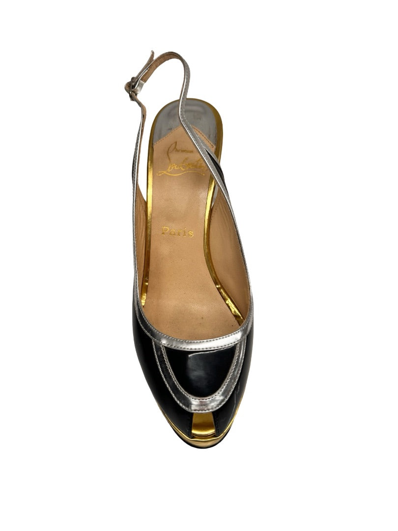 Christian Louboutin Black & Metallic Foxtrot Slingback Heels. Size: 39