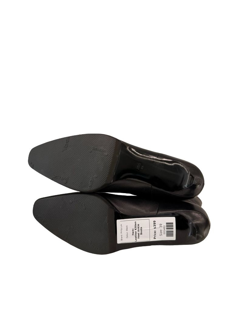 Philip Lim Black Leather Kitten Heel Ankle Boots. Size: 39