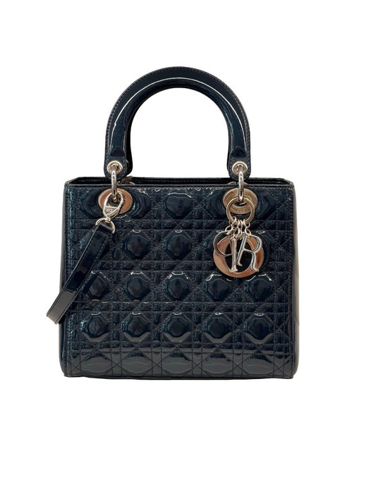 Christian Dior Dark Teal Cannage Quilted Patent Leather Lady Dior Bag. Size: Medium