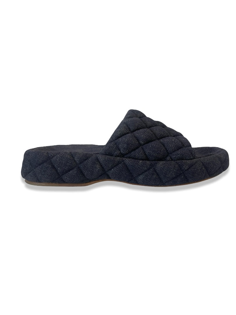 Bottega Veneta Navy Denim Quilted Slides. Size: 37