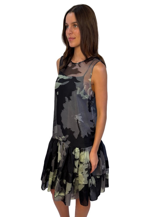 Lee Mathews Black/Sage Silk Printed 'Sonja' Dress. Size: 1