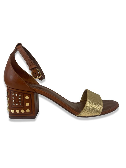Louis Vuitton Brown / Gold Leather Studded Block Heel Sandal. Size: 40
