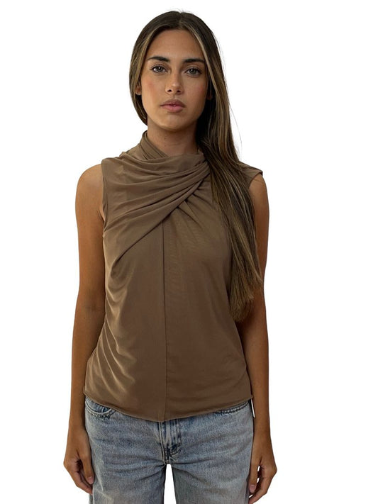 Scanlan Theodore Brown Mesh Crossover High Neck Top. Size: 10