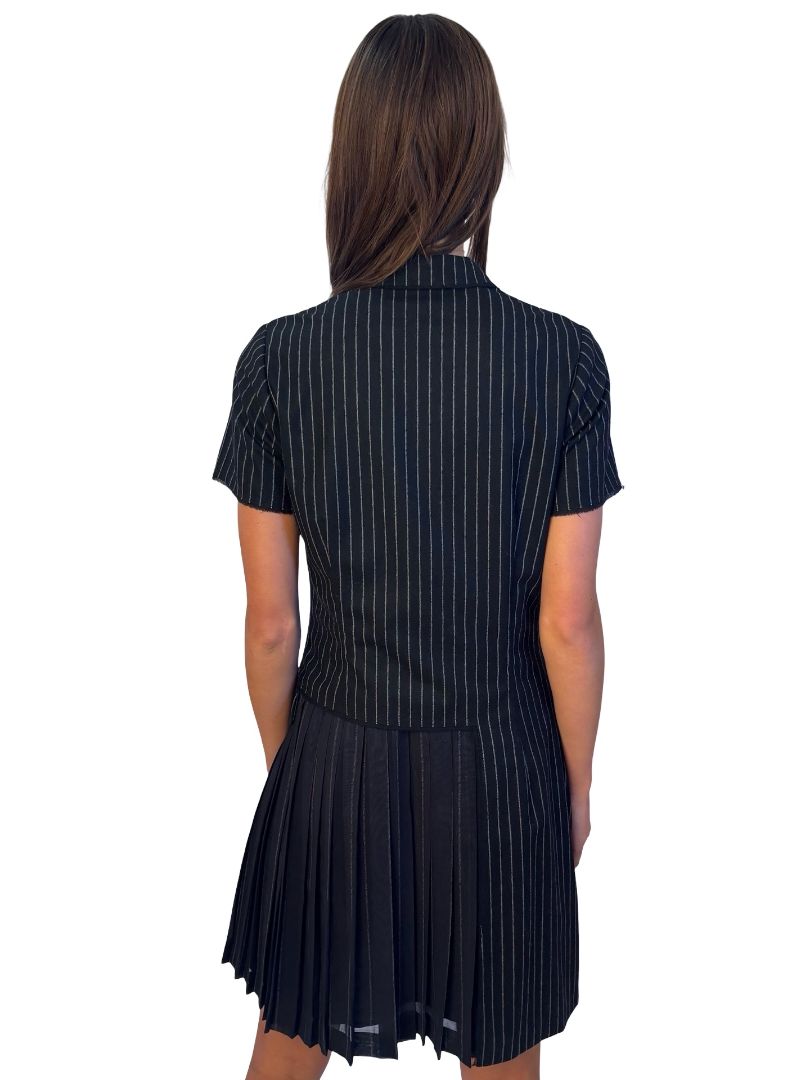 Wunderkind Black Pinstripe Short Sleeve Blazer Dress W Pleat Detail. Size: 40