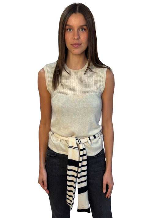 Chanel Cream / Navy Cashmere Knit Tank Top w/ Striped Waist Belt. Size: 40
