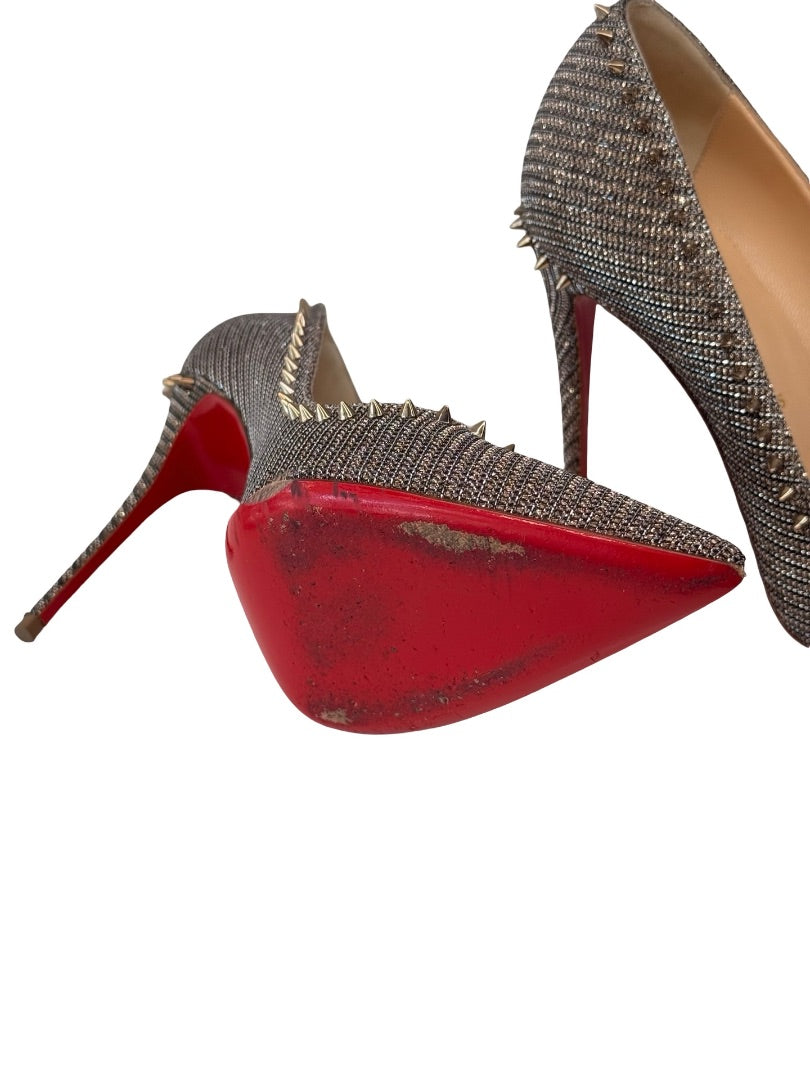 Christian Louboutin Silver Anjalina 100 Glitter Studded Pumps. Size: 38