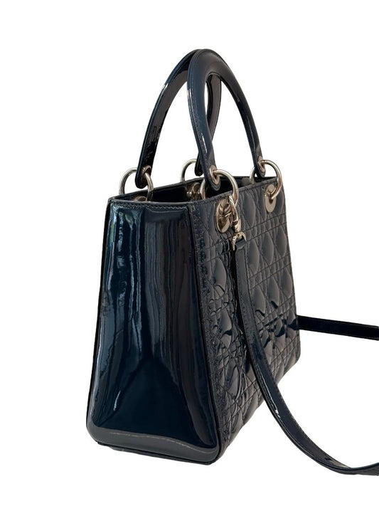 Christian Dior Dark Teal Cannage Quilted Patent Leather Lady Dior Bag. Size: Medium