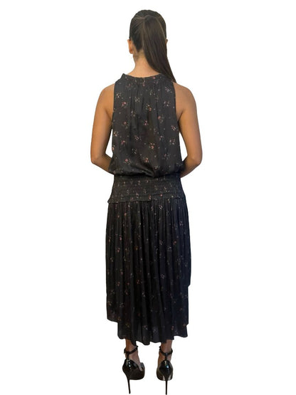 Ulla Johnson Black Floral Print Shirred Waist Dress. Size: 2