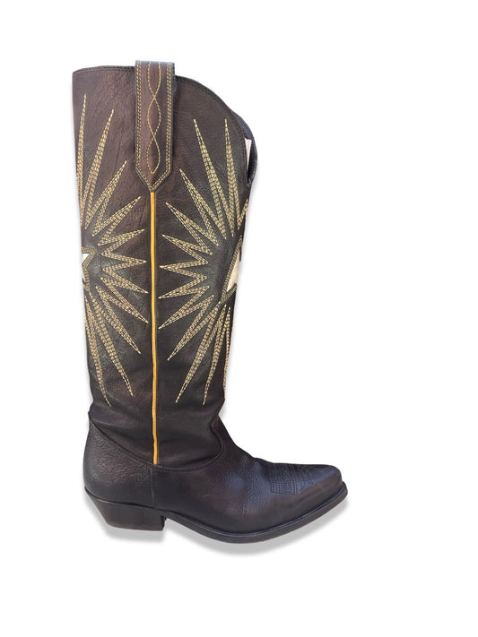 Golden Goose Black Wish Star Embroidered Distressed Leather Cowboy Boots. Size: 38