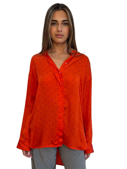 Scanlan Theodore Orange Red Horseshoe Print Silk Shirt. Size: 8