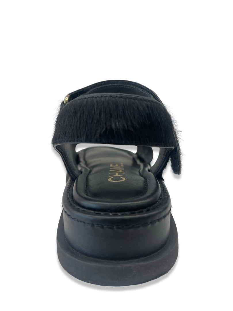 Chanel Black Pony Hair Leather Sandal. Size: 37.5
