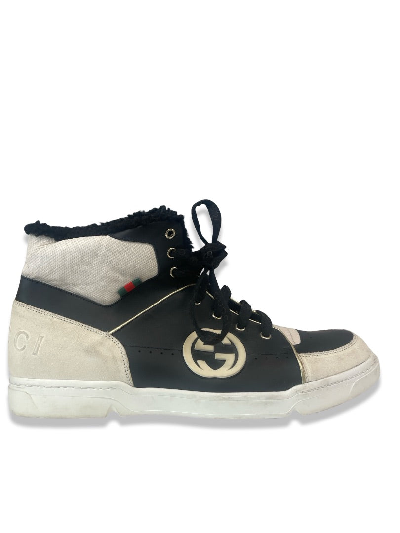 Gucci Black / White High Top Leather & Shearling Sneaker. Size: 10.5