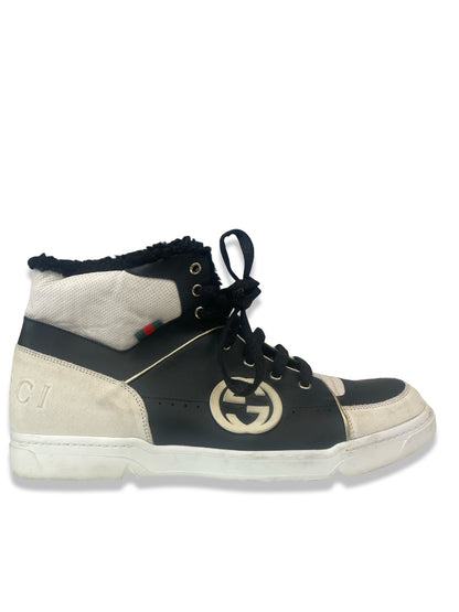 Gucci Black / White High Top Leather & Shearling Sneaker. Size: 10.5