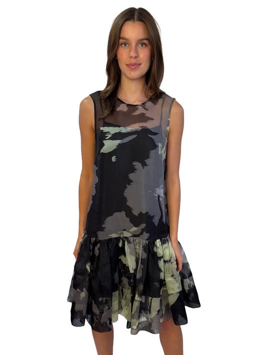 Lee Mathews Black/Sage Silk Printed 'Sonja' Dress. Size: 1