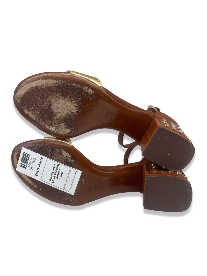 Louis Vuitton Brown / Gold Leather Studded Block Heel Sandal. Size: 40