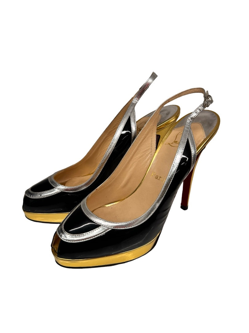 Christian Louboutin Black & Metallic Foxtrot Slingback Heels. Size: 39