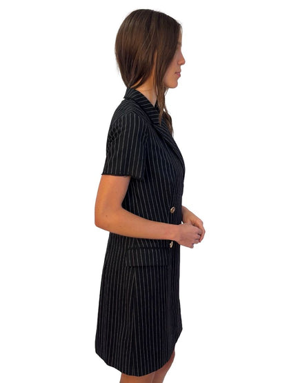 Wunderkind Black Pinstripe Short Sleeve Blazer Dress W Pleat Detail. Size: 40