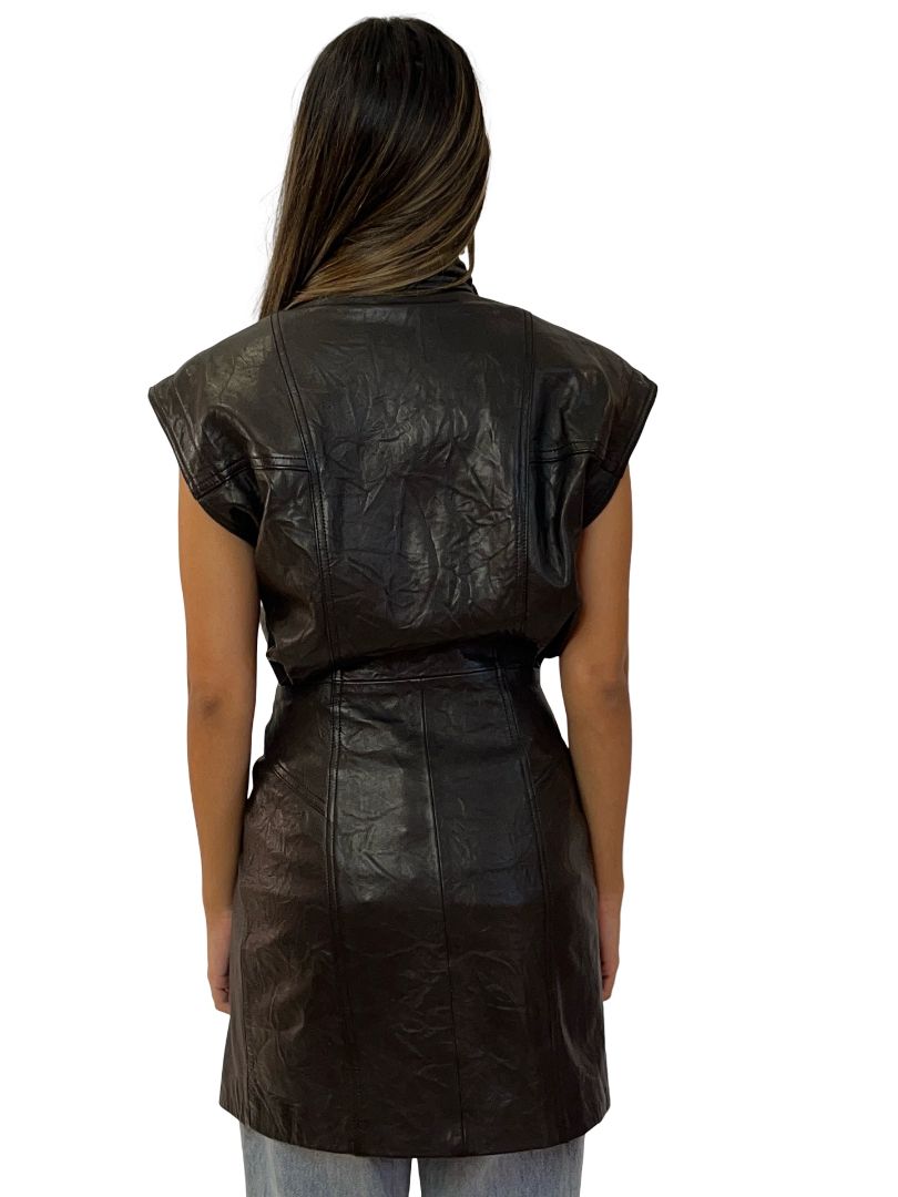 IRO Brown Black Sleeveless Leather Button Up Dress / Vest. Size: 34