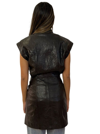 IRO Brown Black Sleeveless Leather Button Up Dress / Vest. Size: 34