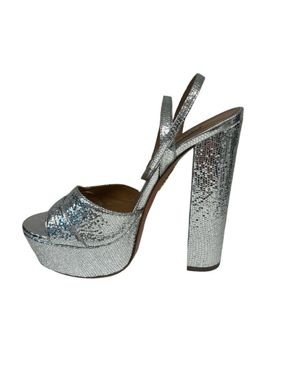 Aquazzura Silver Open Toe Platform Heels. Size: 38