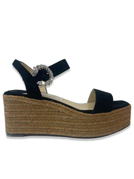 Jimmy Choo Black Mirabelle 70 Suede w/ Crystal Buckle Wedges. Size: 38