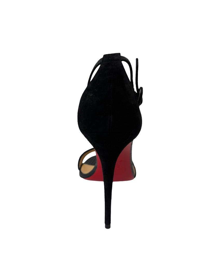 Christian Louboutin Black 100mm Mixed Leather Knit Sandal Heels. Size: 39