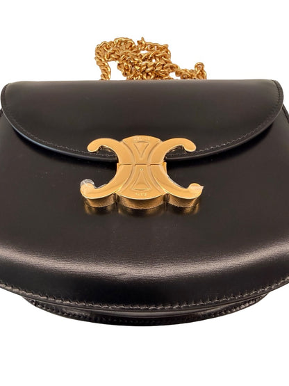 Celine Black Leather 'Clea Besace Triomphe' Flap Bag.