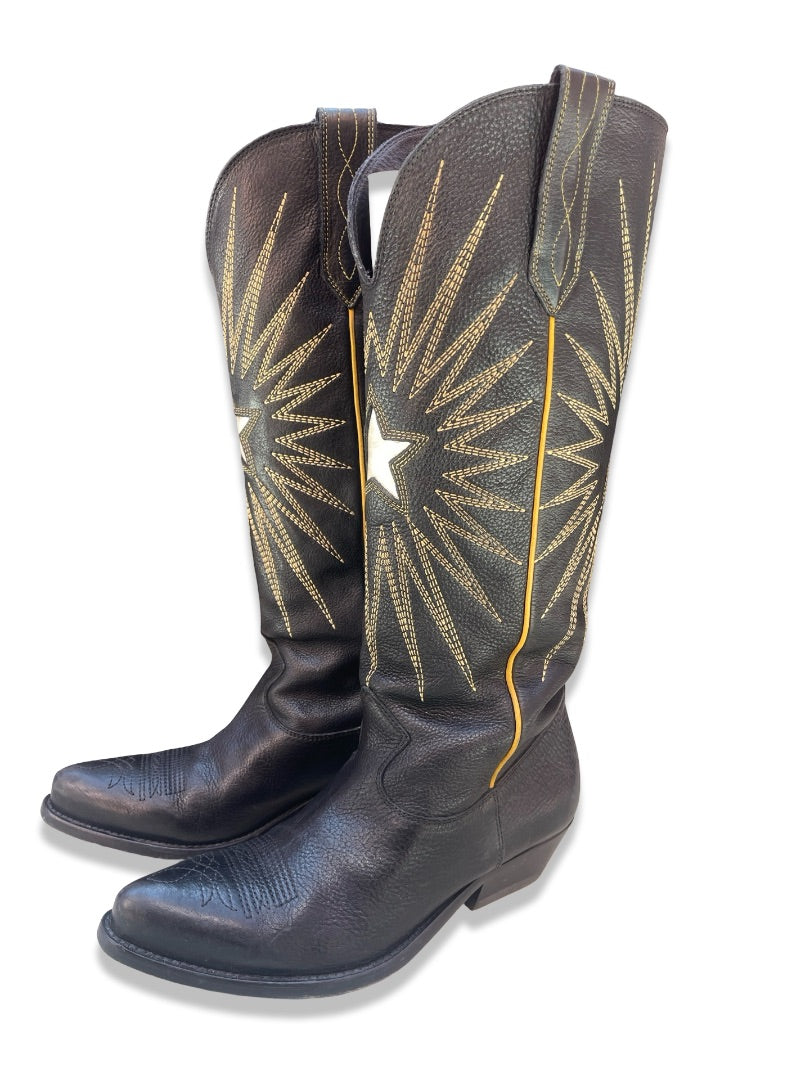 Golden Goose Black Wish Star Embroidered Distressed Leather Cowboy Boots. Size: 38