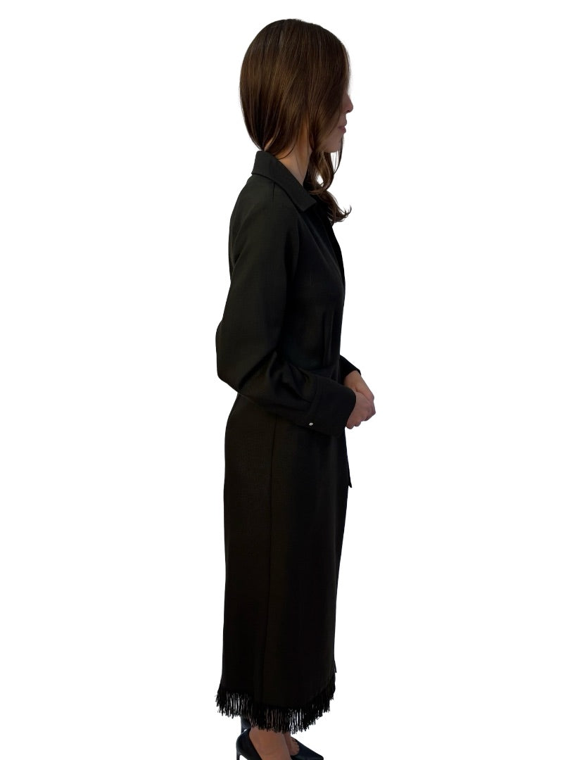 Beatrice Brown Twill Coat w/ Fringe Trim. Size: M