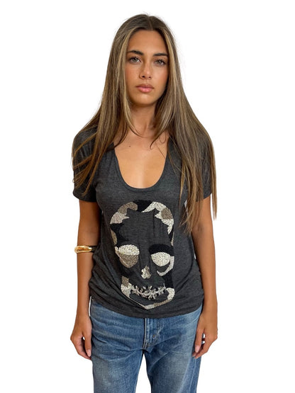 Zadig & Voltaire Grey Skull Embellished Tee. Size: S