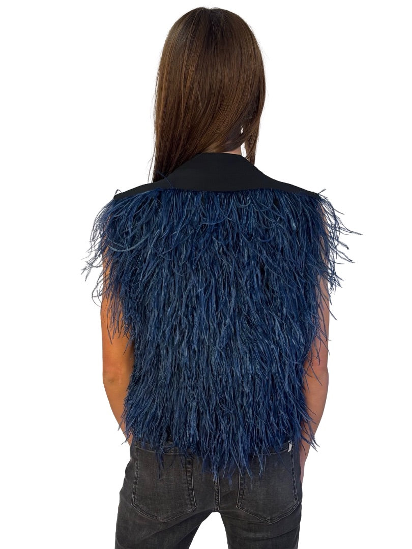 Ginger & Smart Blue Ostrich Feather Code Vest. Size: M