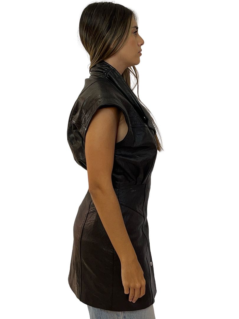 IRO Brown Black Sleeveless Leather Button Up Dress / Vest. Size: 34