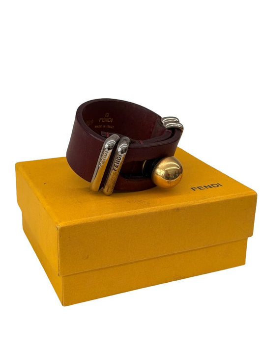 Fendi Burgundy Thick Leather Strap Bracelet.