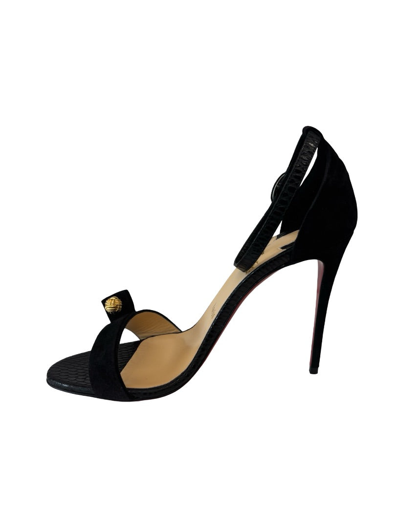 Christian Louboutin Black 100mm Mixed Leather Knit Sandal Heels. Size: 39