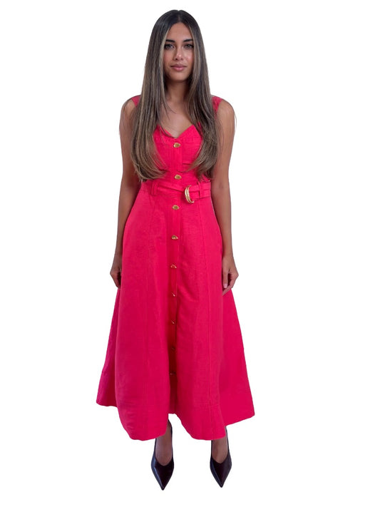 Aje Pink 'Leonie' Gold Buttoned Belted Midi Dress. Size: 4 AU